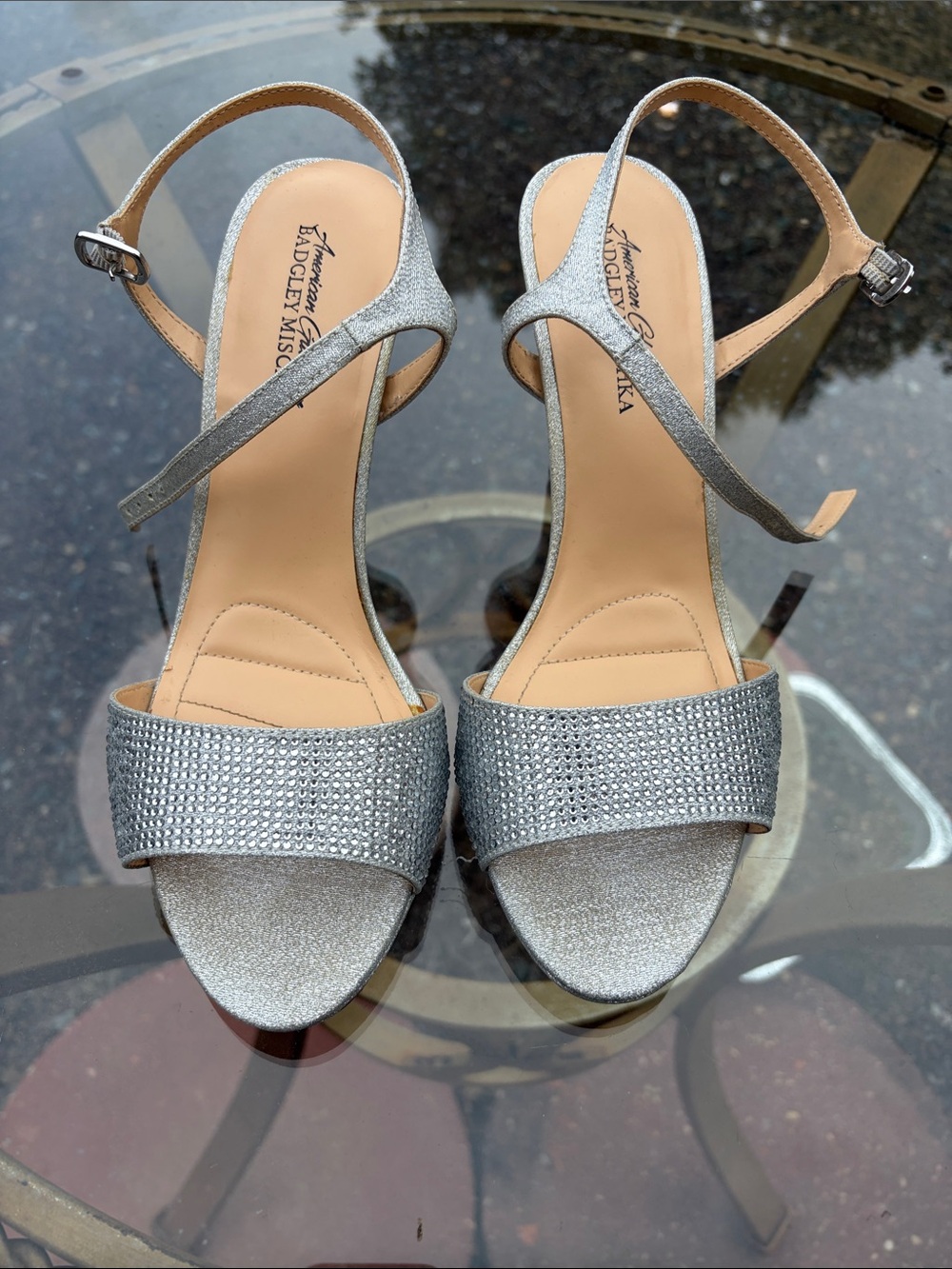 Badgley Mischka Silver Rhinestone T-Strap Evening Sandals